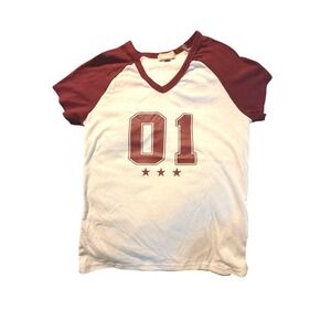 Faded Rose Womens‎ V-Neck Raglan Varsity T-Shirt Grey Burgundy 01 Graphic Large